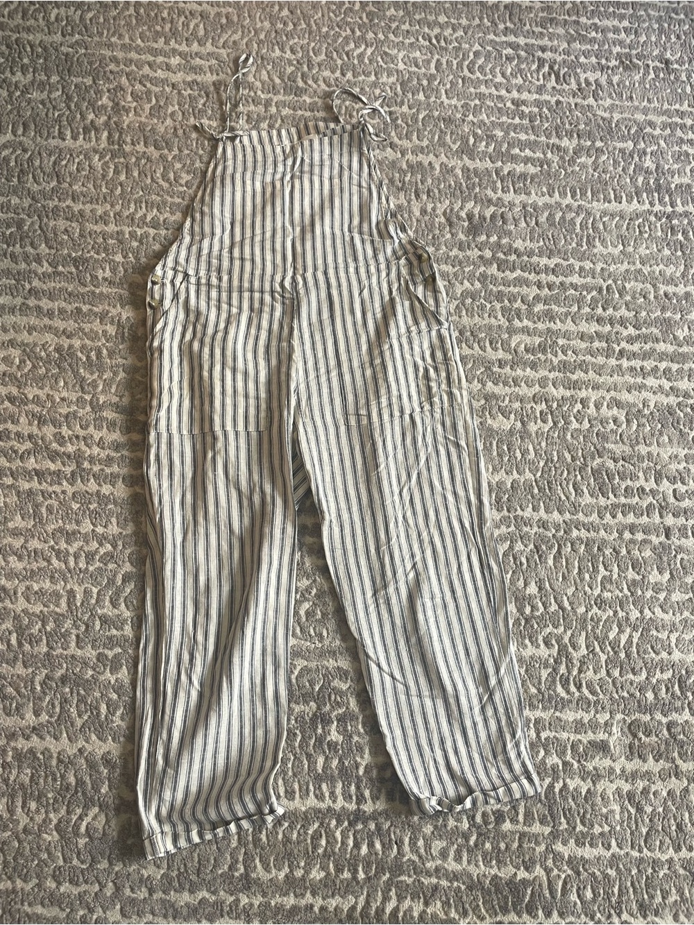 Anthropologie Ivory and Navy Striped Linen-Blend Overalls